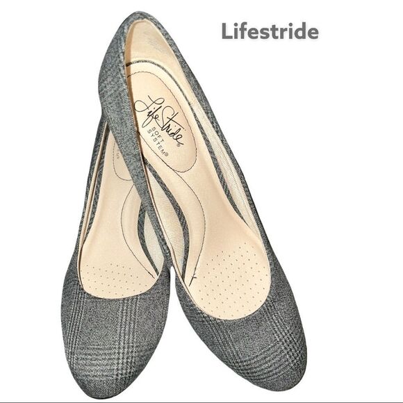 Life stride gray plaid round toed heels Nwot - Picture 1 of 8
